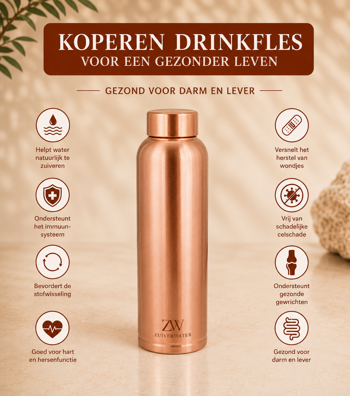 Drinkfles 100% koperen - 1000 ML
